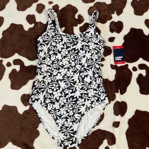 Lands' End Black and White Floral Swim One-Piece